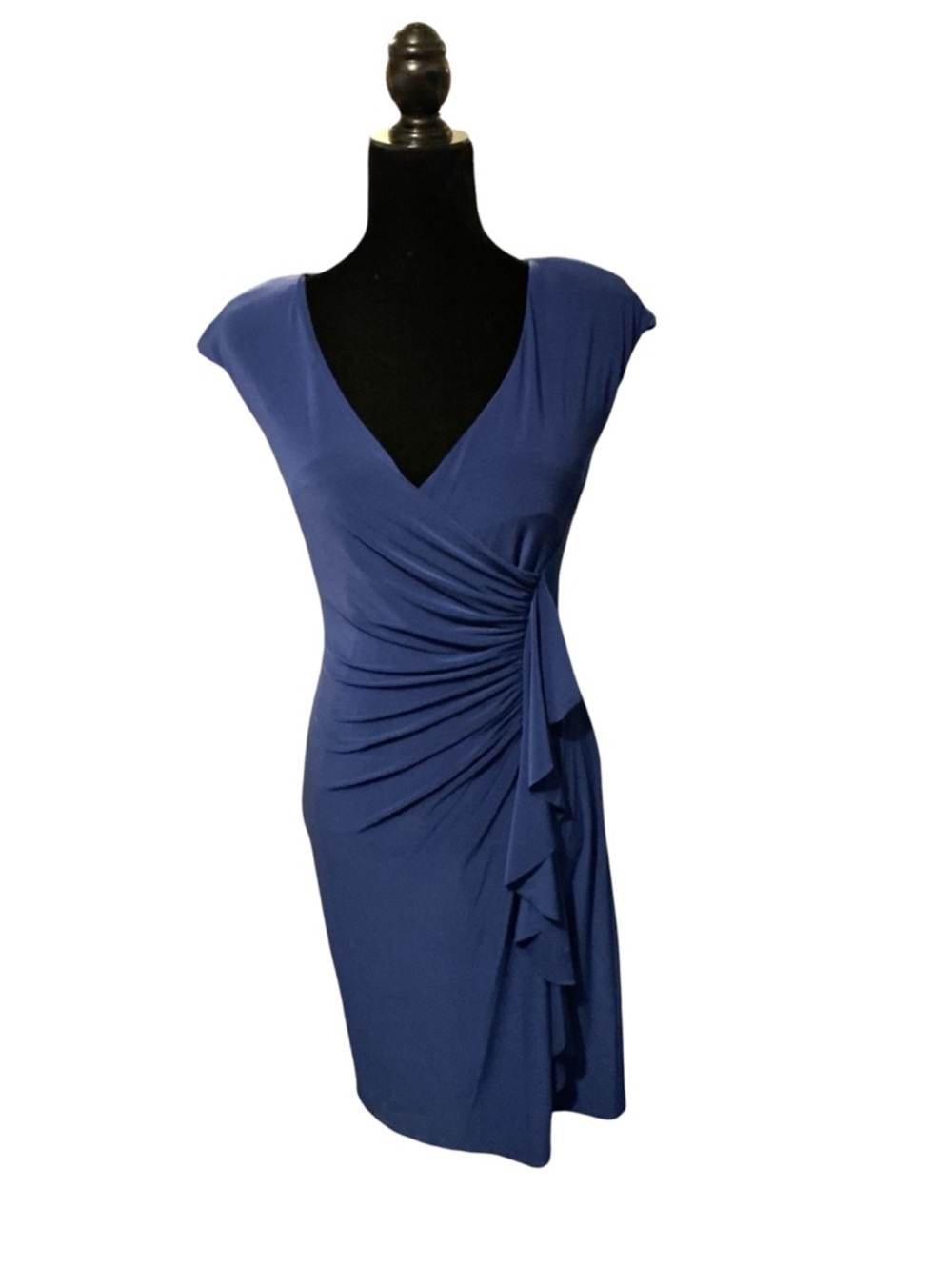 Black Label Cap-Sleeve V-Neck Ruched Drape Midi Dress - Blue
